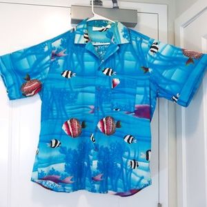 Vintage Gottex Shirt 1980s Casual Shirt Fish Ocean made in Hong Kong XL